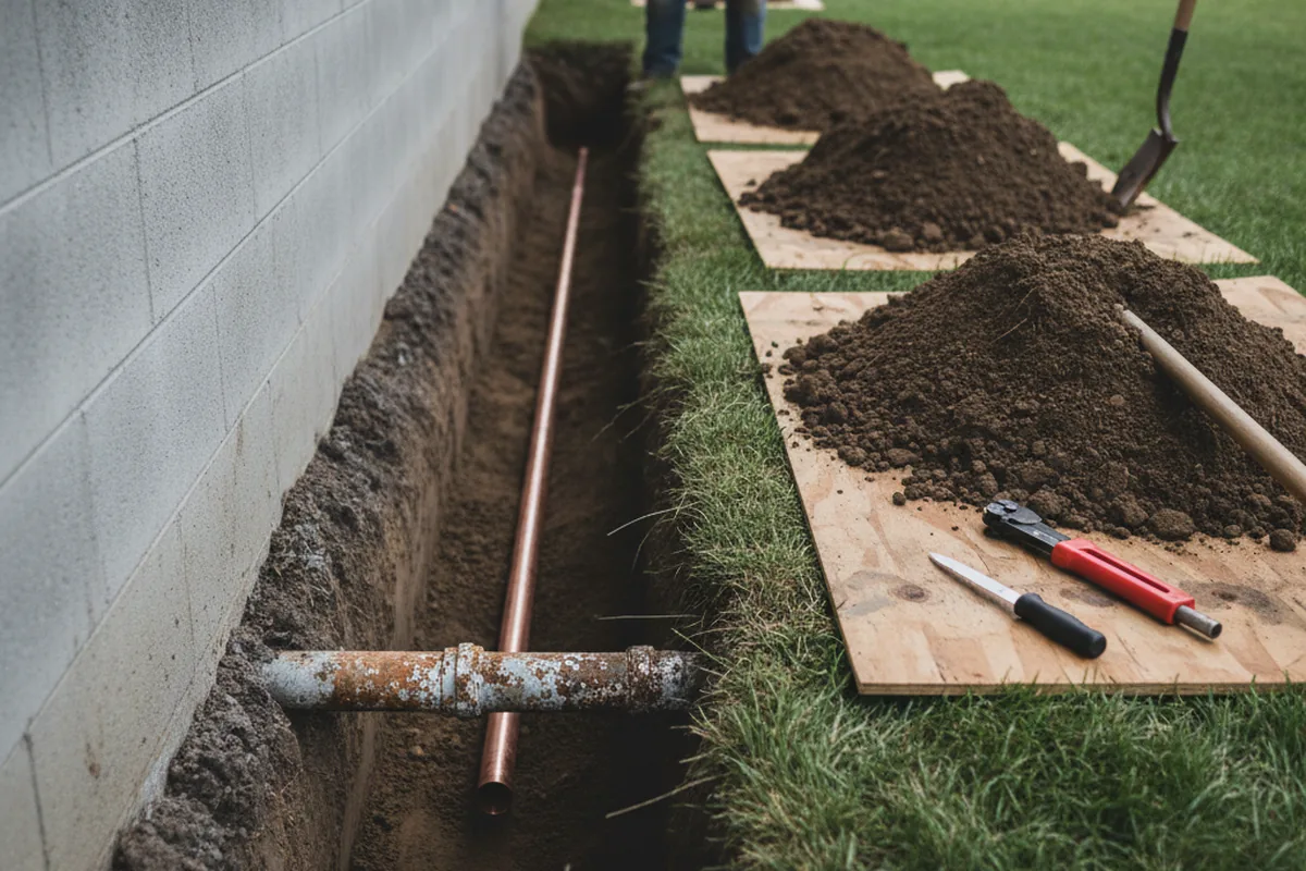Excavated water line trench during Water Softener Installation in Big Sandy